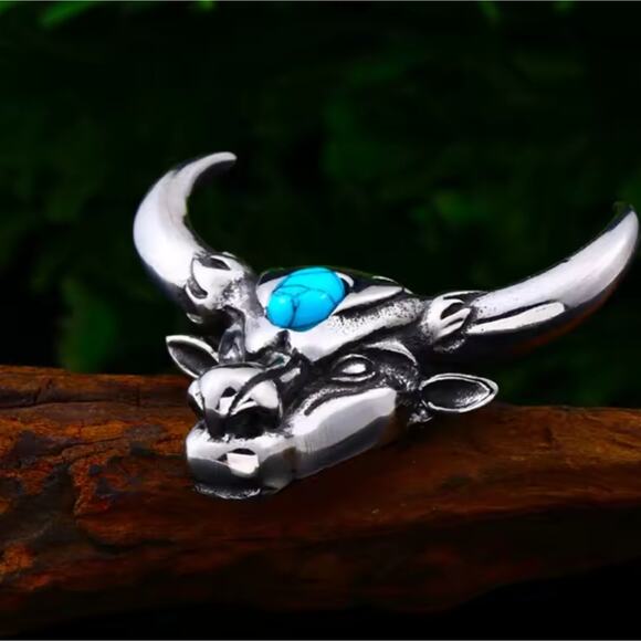 Silver Bull Head Horns Pendant w/ Turquoise Stone Western Christmas Birthday NEW